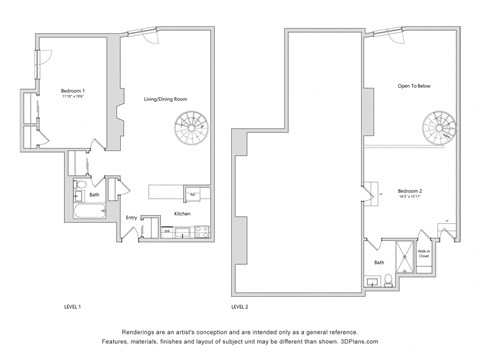 Floor plan for 2 beds, 2 baths, 857 sqft